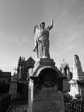 grayscale photo, statue, majestic angel, historic cemetery, timeless elegance, mystery, sculpture, black and white, cemetery art, angel statue, historic art