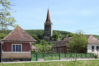 Villaggio filitelnico, chiesa fortificata, architettura gotica, Torre campanaria, coro poligonale, volte incrociate, 15 ° secolo, lavori di restauro, Arcus de târgu mureș, Georg Fritsch, paesaggio rurale