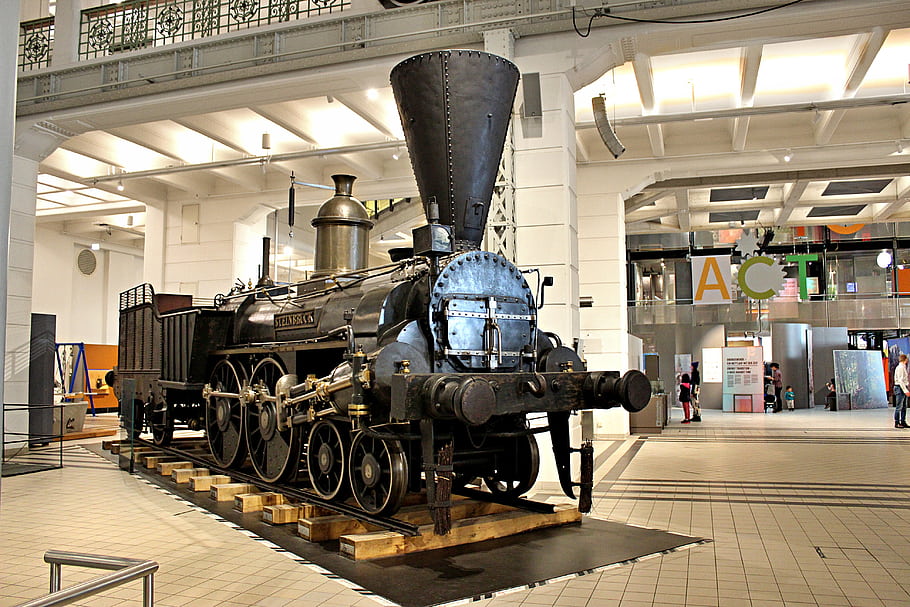 parní lokomotiva, steinbrück, 1848, muzeum technologie, Vídeň, Rakousko, Vnitřní výstava, Historický vlak, průmyslového dědictví, Vintage motor, Zobrazit