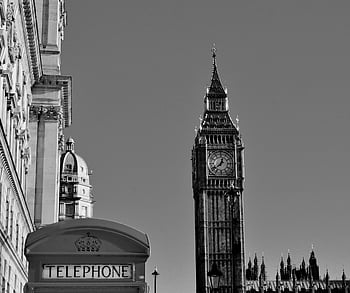 Big Ben, London, telephone booth, black and white, classic view, London landmarks, clock tower, UK, United Kingdom, British architecture, monochrome photography