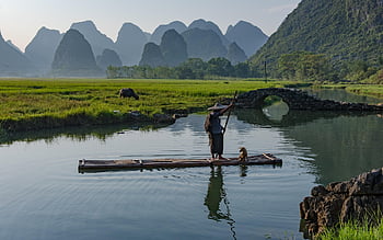 river, fishermen, bridge, mountains, guilin, nature, china, countryside, landscape, landscapes