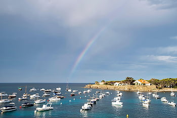 port, boats, sea, rainbow, sky, nature, clouds, coast, houses, summer, harbor