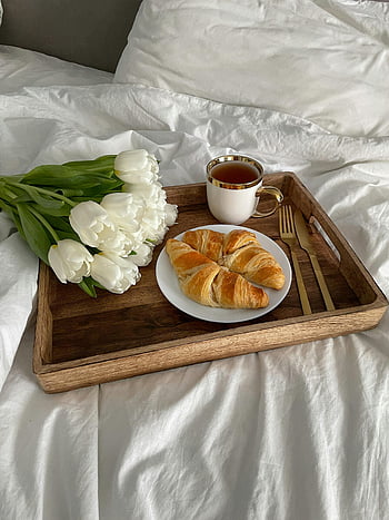 breakfast in bed, white tulips, croissants, tea, cozy setting, tray, bed, morning meal, breakfast tray, white flowers, comfort food