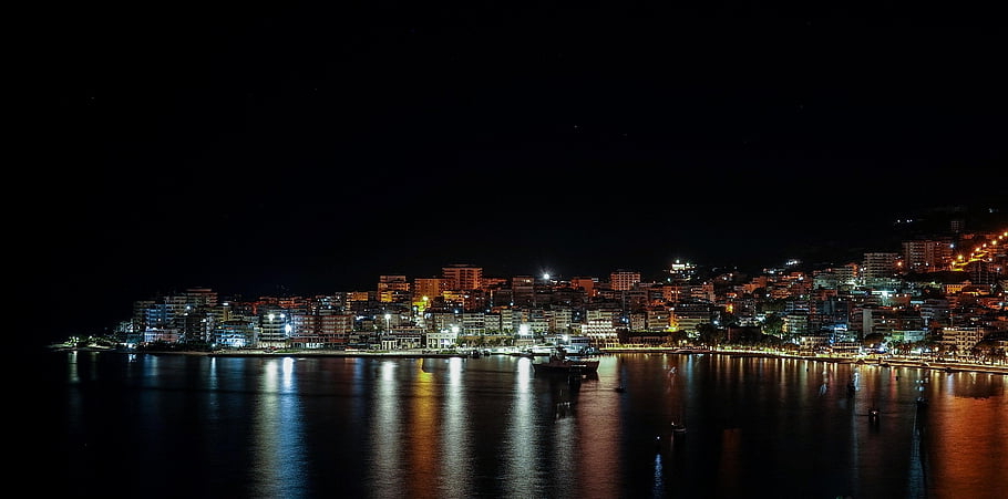 sarande, albania, cityscape, city, night, urban, buildings, travel, europe, skyline, colorful