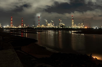 industriområde, natt utsikt, elvemunningen, fisker, oljerelatert anlegg, belysning, nattlys, industriell, japan