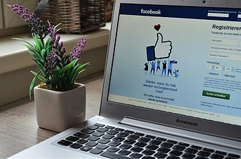 Lenovo laptop, Facebook login, lavender plant, indoor setting, computer screen, social media, desk setup, technology, home office, potted plant, workspace