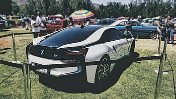 BMW, luxury car, white and black, outdoor car show, spectators, classic cars, display, automotive, event, vehicle, show