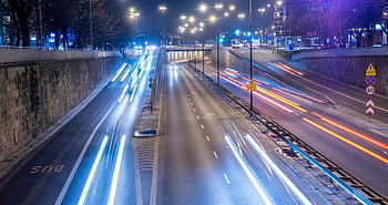 time-lapse fotografie, voertuigen, nacht, licht paden, verkeer, Warschau Highway, lange blootstelling, Drukke snelweg, nacht scene, stedelijk verkeer, stadslichten