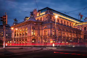 Vienna State Opera House, illuminated building, blue hour, light trails, passing traffic, night scene, architectural photography, urban landscape, city lights, opera house, Austria