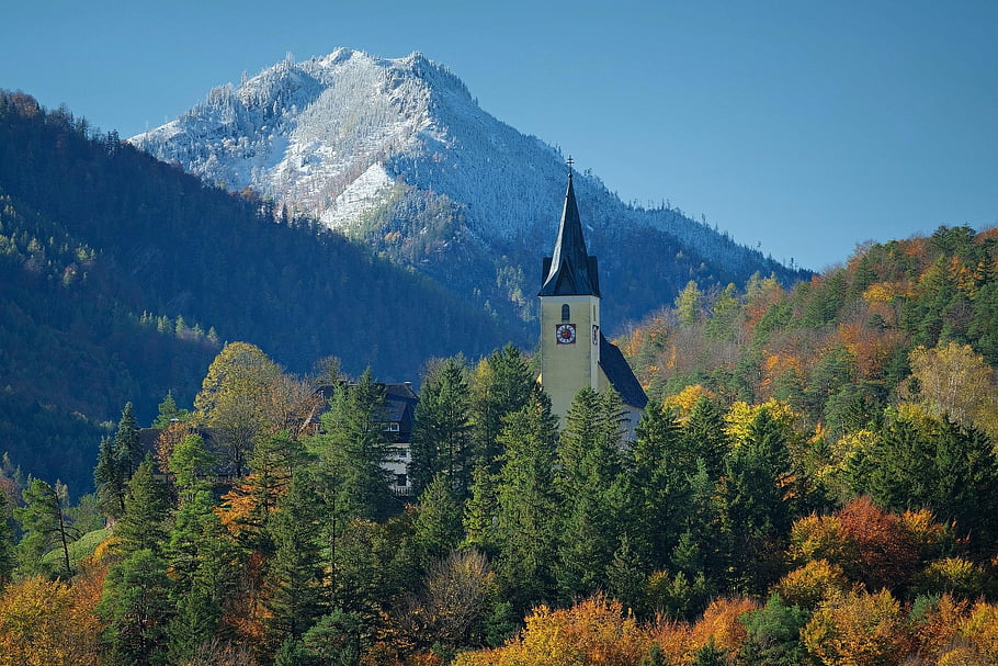 hora, kostel, stromy, budova, věž, Příroda, krajina, podzim