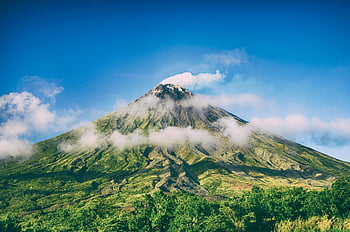 Mayon Volcano, Bicol, Philippines, green mountain, blue skies, clouds, stunning view, selective focus, natural landscape, volcanic landscape, travel destination