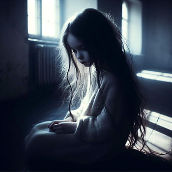 ai Generated, sad Girl, girl, child, sad, scared, alone, dark Room, lonely, afraid, awareness