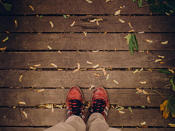 person standing, brown wooden deck, autumn leaves, red shoes, outdoor scene, wooden planks, fall season, casual footwear, natural setting, outdoor footwear, deck surface