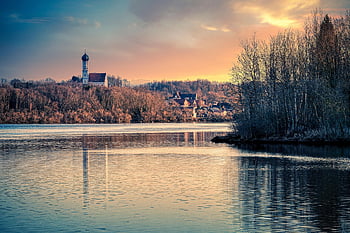 západ slunce, jezero, stromy, krajina, Příroda, Německo, bavaria, zimní, soumrak, břeh řeky
