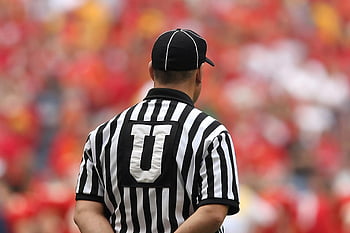 football umpire, selective focus, male umpire, crowded stadium, game officiating, referee uniform, sports official, striped shirt, sports event, game supervision, sports photography