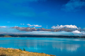 lake Pukaki, new Zealand, mountain, alpine Lake, glacial Flour, lake, clouds, sky, landscape, grass, nature