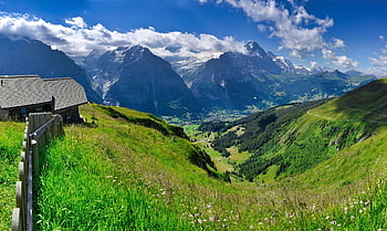 mountains, valley, sunny, summer, grindelwald, house, swiss, alps, hills, vacation, hiking