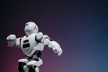 white toy robot, close-up shot, futuristic robotic toy, gradient background, innovation, technology, blue and pink background, close-up photography, robotic design, toy design, futuristic design