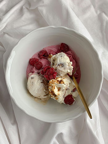 sweet ice cream, ceramic bowl, raspberry ice cream, vanilla ice cream, nuts, fresh raspberries, tempting bowl, dessert, ice cream bowl, white bowl, gold spoon