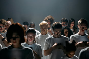 social isolation, technology connection, diverse crowd, smartphones, man in crowd, focused on phones, modern society, digital age, group of people, social media impact, technology addiction