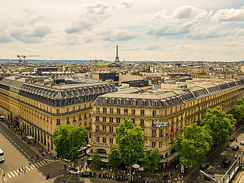 letecký pohled, galerie lafayette, Paříž, Francie, Eiffelova věž, obchodní dům, panoráma města, městské krajiny, evropské architektury, mezník, cíl cesty