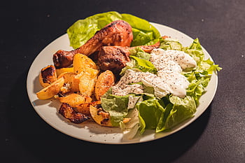food, lunch, table, chicken, lettuce, potatoes, meal, plate, dish, cream, baked