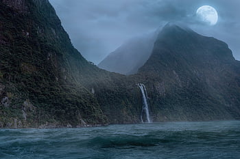 panorama, moutains, mar, névoa, querida, lua, cascata