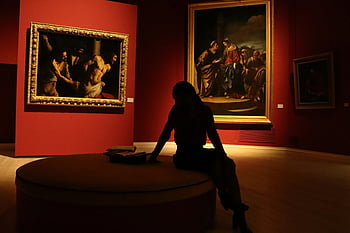 silhouette, persona, seduta, sedia rotonda, galleria d'arte, illuminazione drammatica, Dipinti classici, visitatore, interno, Museo, esposizione