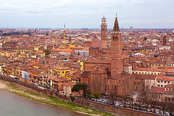 řeka, střecha, budova, architektura, verona, Santa Anastasia, Itálie, město, historický, starý
