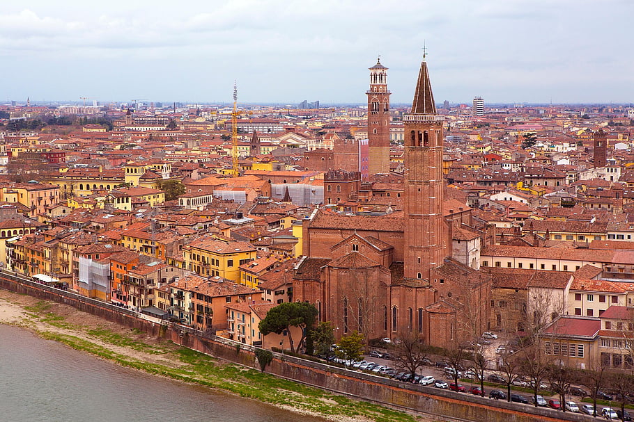 řeka, střecha, budova, architektura, verona, Santa Anastasia, Itálie, město, historický, starý