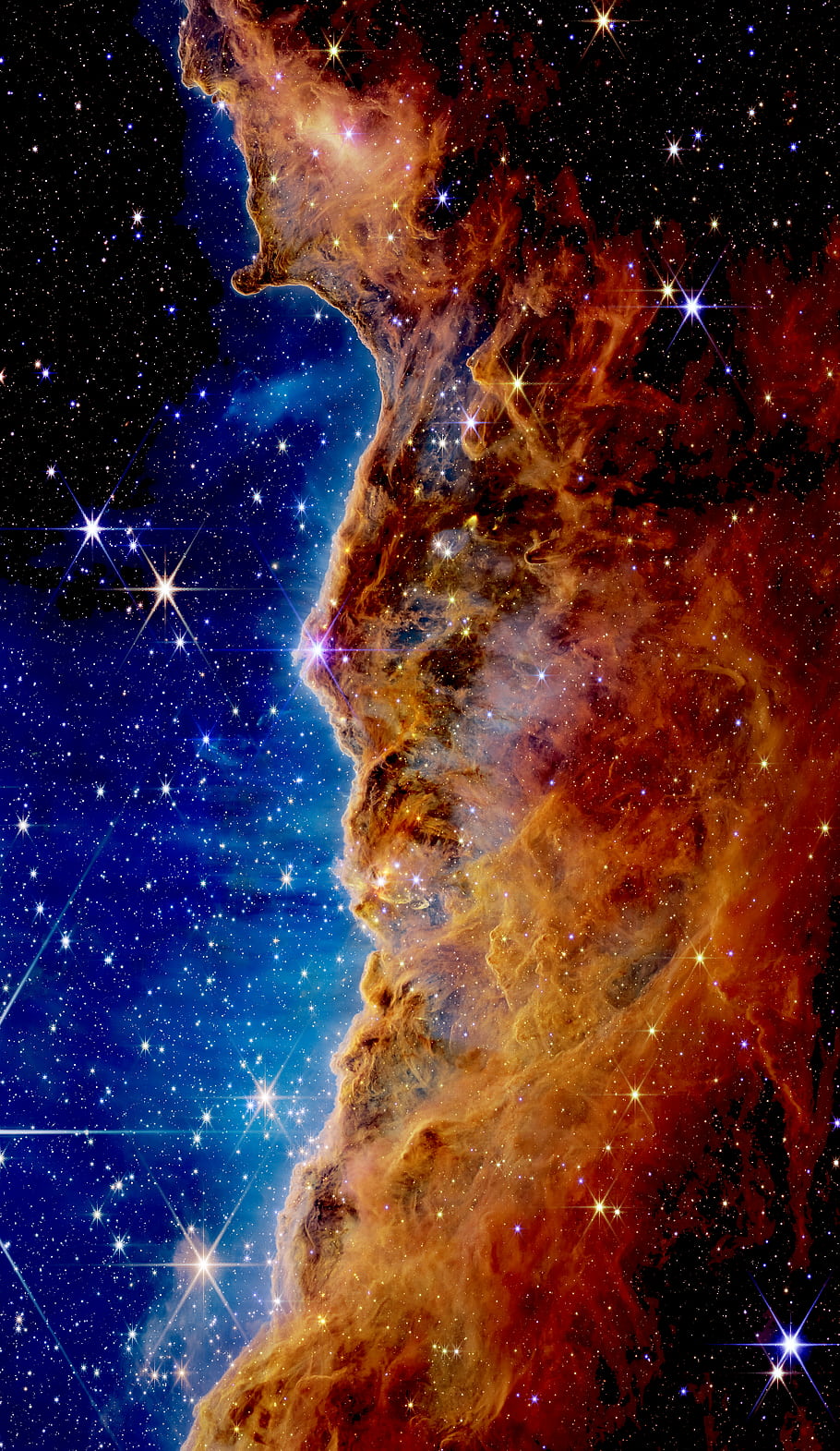 Cosmic Cliffs, Carina Nebula, NGC 3324, James Webb Space Telescope, star formation, infrared light, ultraviolet radiation, stellar winds, protostellar jets, astronomy, NASA