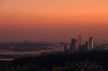 město, Soul, západ slunce, krajina, soumrak, Han řeka, yeouido, Příroda, večer, noc, Jižní Korea
