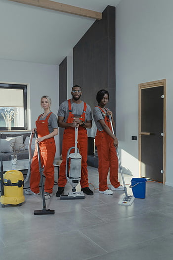 professional cleaners, modern home, cleaning equipment, orange overalls, vacuum cleaner, mop, bucket, indoor cleaning, uniformed workers, home cleaning, professional cleaning