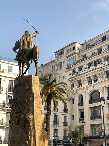 Náměstí Emira Abdelkadera, památník, Alžír, městskou architekturu, palmy, socha, Emír Abdelkader, panoráma města, Alžírsko, veřejné náměstí, mezník
