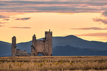 kasteel, natuur, ruïnes, zonsondergang, Spanje, landschap, toneel-, panorama, schemering, platteland