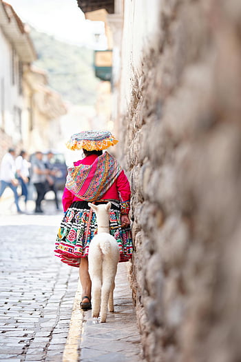 Peruvian women, traditional dress, Cusco, Quechua woman, colorful attire, llama, street, traditional culture, Peru, cobblestone street, cultural heritage