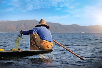 rybář, inle jezero, kánoe, barma, jezero, rybolov, tradice, voda, lidé, krajina, cestovat