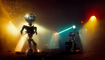 robots dancing, disco lights, vibrant party, metallic scene, spotlights, robot disco, futuristic dance, robot party, disco robots, metallic robots, vibrant disco