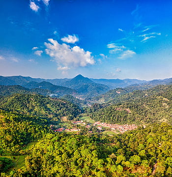 fugleperspektiv, fjelllandskap, Vest-Java, indonesia, flybilde, frodige grønne åser, landsby, Rumpin, slående, tropisk, skog