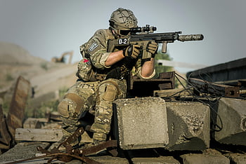 soldier, concrete pillars, semi-automatic gun, scope, camouflage gear, aiming rifle, tactical stance, outdoors, military equipment, combat gear, outdoor training