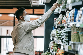 Indian man, grocery shopping, supermarket, fresh vegetables, man in mask, selecting groceries, grocery store, shopping for vegetables, man shopping, supermarket vegetables, face mask shopping
