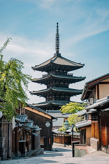 Pagoda Yasaka, kyoto, Case tradiționale din lemn, cerul albastru clar, arhitectura japoneză, reper istoric, mostenire culturala, templu, pagodă, Japonia, destinația calatoriei