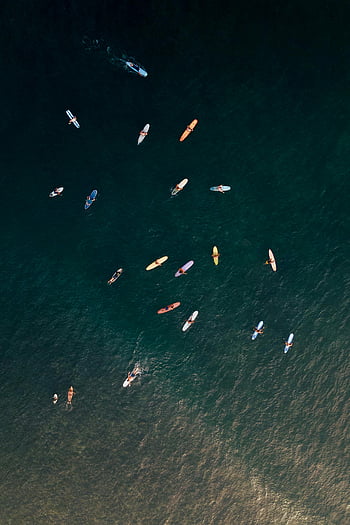 aerial view, surfers, colorful boards, ocean surface, top-down, surfing, sea, people, waves, water sports, surfboards