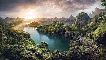 sunset, trees, forest, water, nature, ai Generated, fantasy, paradise, landscape