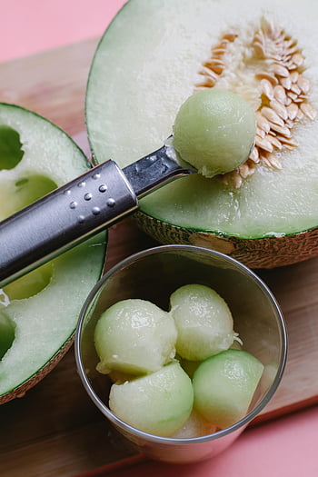 melon balls, glass, table, honeydew melon, slices, scoop, healthy snacking, top view, fresh melon, fruit snack, melon scoop