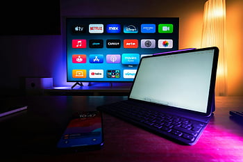 smart devices, streaming apps, modern home setup, smart TV, tablet, digital lifestyle, streaming services, home entertainment, smart home technology, media streaming, smart living
