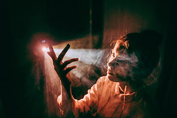 woman, portrait, light, projector, smoke, shadow