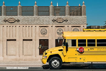 yellow school bus, parked bus, traditional building, clear blue sky, school transportation, urban scene, daytime photo, vehicle parking, architectural details, public transport, school bus stop
