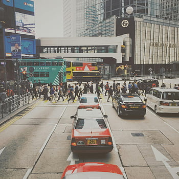 pěší zóna, křižovatka města, centrální hong kong, městský život, denní provoz, rušná ulice, Kříží chodci, panoráma města, taxíky, autobusy s dvojitými vložkami, giorgio armani
