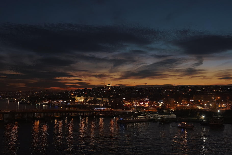 moře, Příroda, oceán, budov, noční světla, noc, ústí, Istanbul